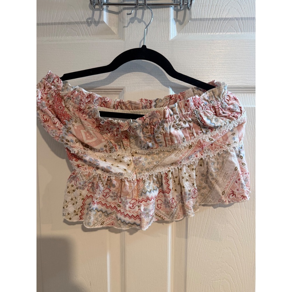 Pink Ice Boho Patchwork Ruffle Two Piece Set Crop Top & Tiered Mini Skirt Small